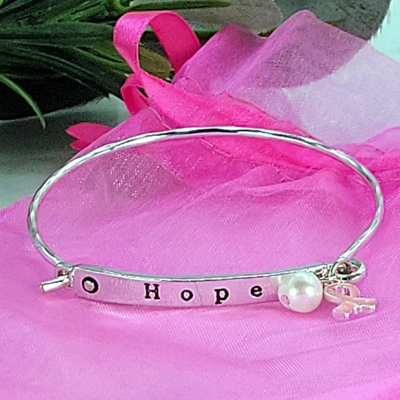 Breast Cancer Hope Bracelet Pink Ribbon & Freshwater Pearl Charms Silver… - Picture 11 of 11